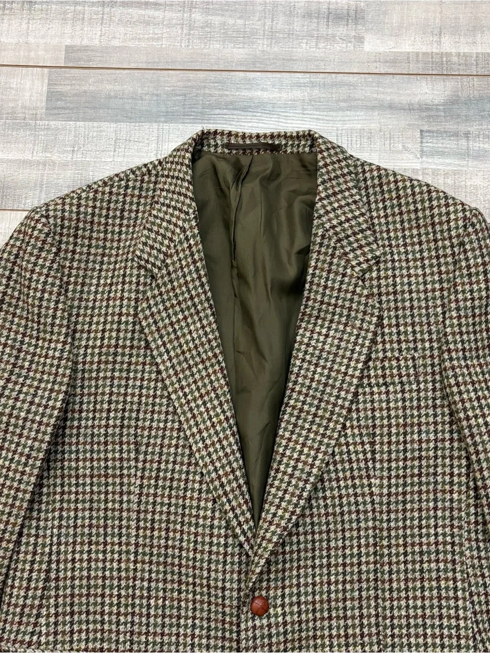 Vtg Joel Ferrin Harris Tweed Blazer Men's 46R Beige Houndstooth Wool Sport Coat